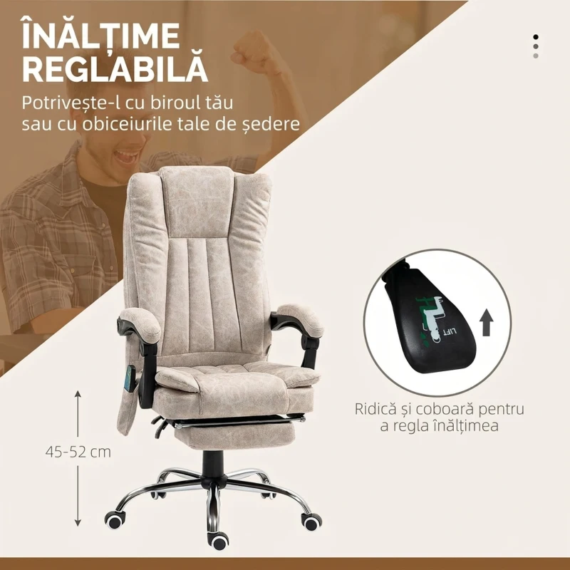 Vinsetto Scaun de Birou cu Funcție de Masaj, cu Suport pentru Picioare, din Microfibră, 62x67x113-120 cm, Crem