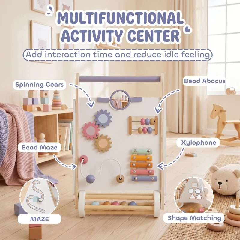 AIYAPLAY Wooden Baby Walker, Montessori Push Along Toy with 5 Blocks and Xylophone Mallet, Adjustable Speed for Toddlers 1.5-3Y