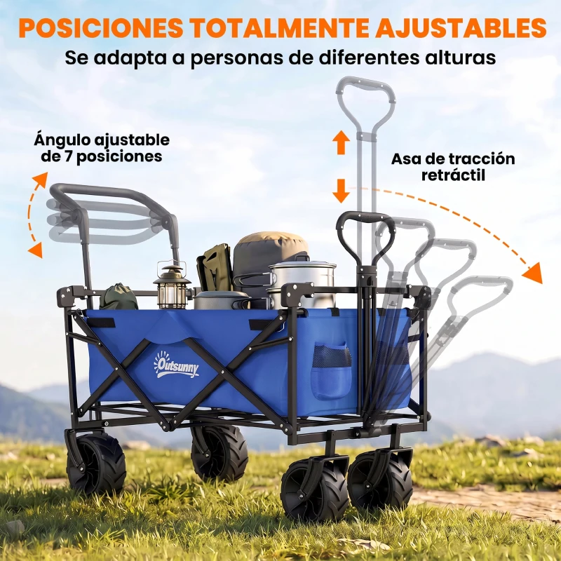 Outsunny Carro de Transporte Plegable con Toldo y Asa Telescópica Carga Máx. 68 kg para Playa Camping 117x55x98cm Azul