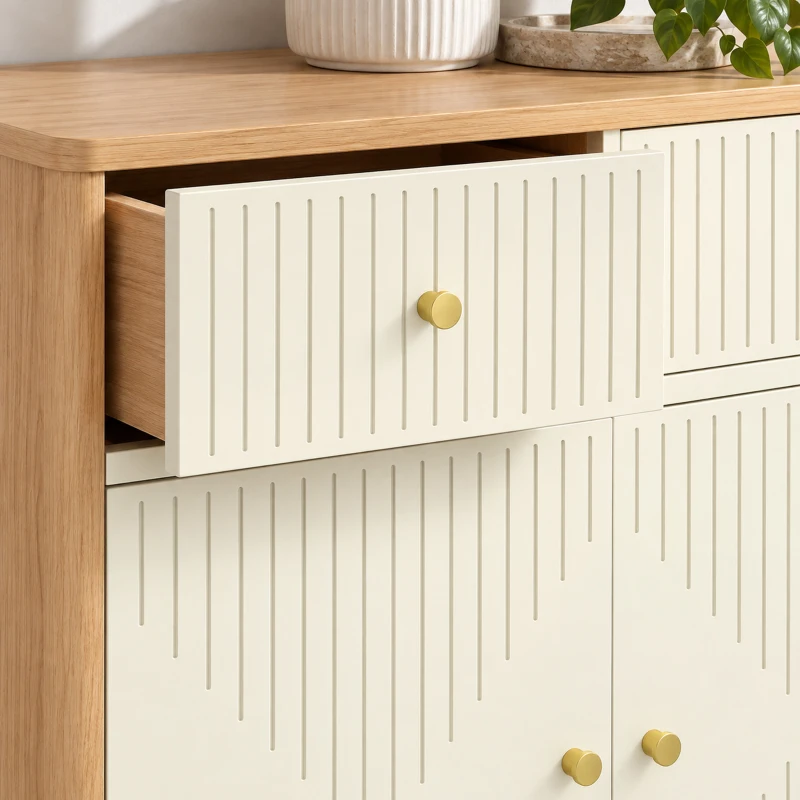 HOMCOM Buffet, meuble de rangement cannelé avec plateau effet chêne, 2 tiroirs, 2 portes, étagère réglable, 77x30x80cm, crème