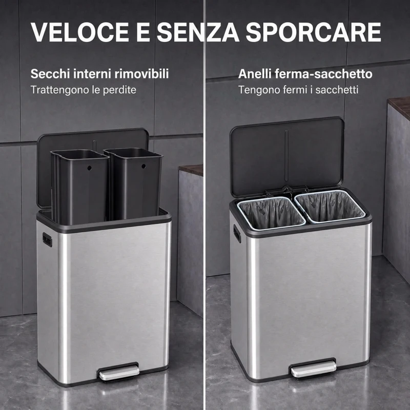 HOMCOM Pattumiera a Pedale 2 x 30 L in Acciaio Inox con Secchi Estraibili e Coperchio Soft-Close, Argento