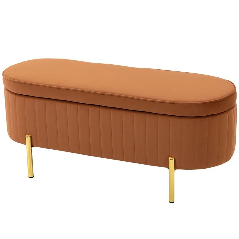 HOMCOM Panca Contenitore Ovale da 72L con Coperchio Sollevabile in Velluto e Legno, 107x42x45.5 cm, Marrone