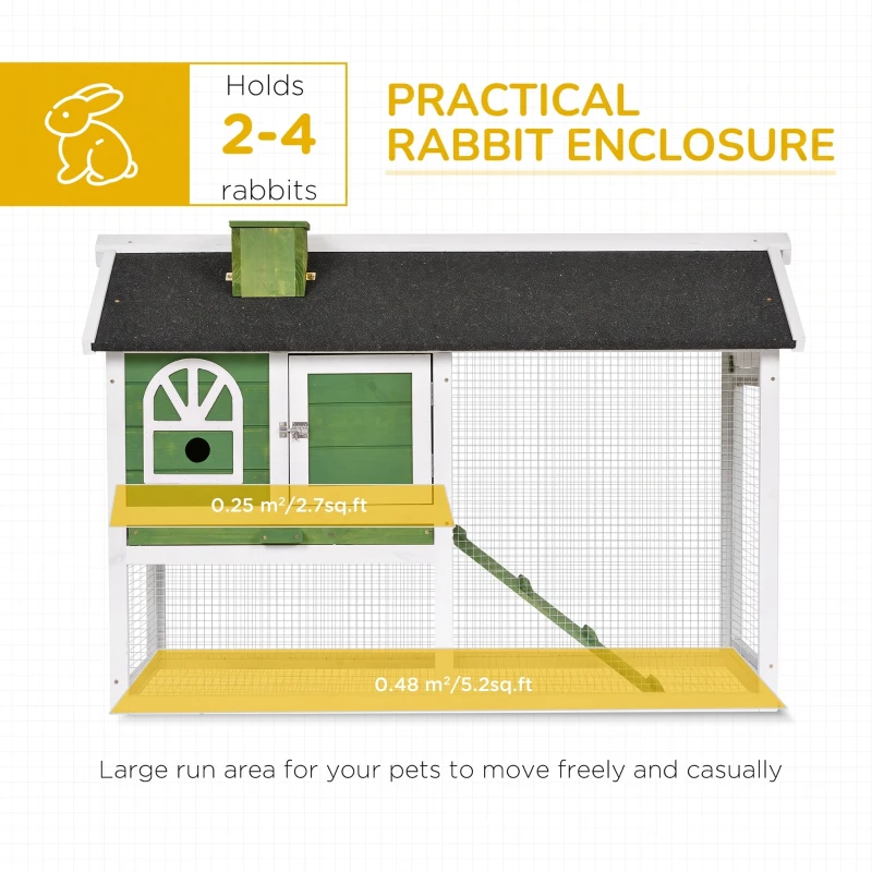PawHut Wooden Rabbit Hutch and Run with Sliding Tray, Ramp, Water-resistant Roof, for 2-4 Rabbits, Green