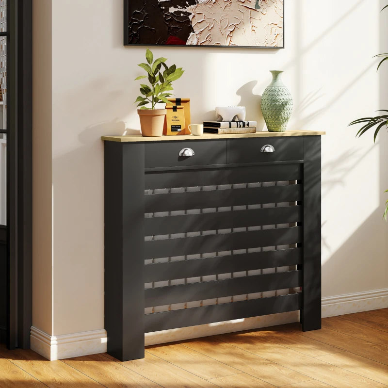 HOMCOM Couvercle de Radiateur, Cache-Radiateur, Grille à Lattes Horizontales avec 2 Tiroirs en Bois, 111 x 19 x 95,5 cm, Noir