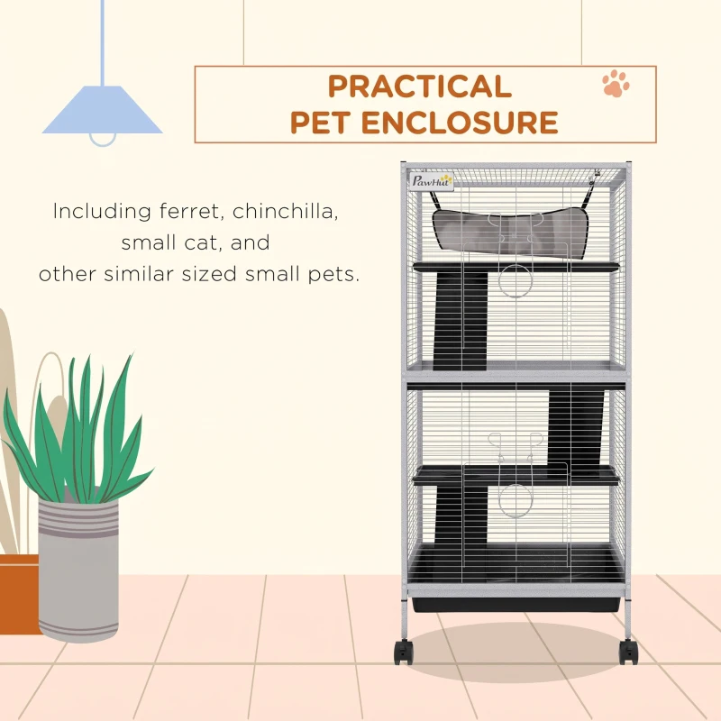 PawHut Small Animal Cage Pet Play Enclosure with Wheels Platforms Light Grey
