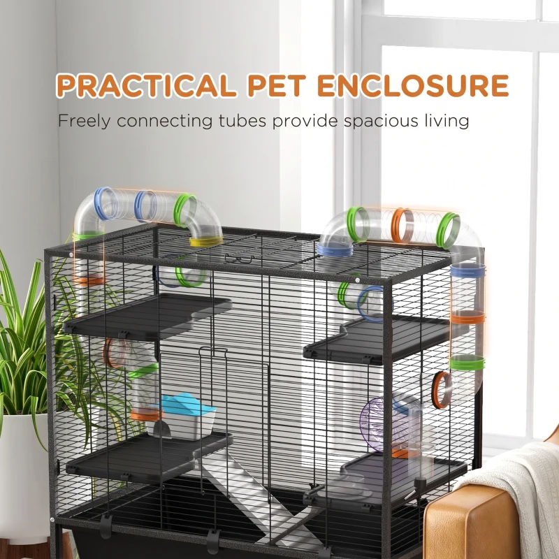 PawHut Large Hamster Cage, Gerbil Cage with Tubes, Storage Shelf, Ramps, Platforms, Running Wheel - Black