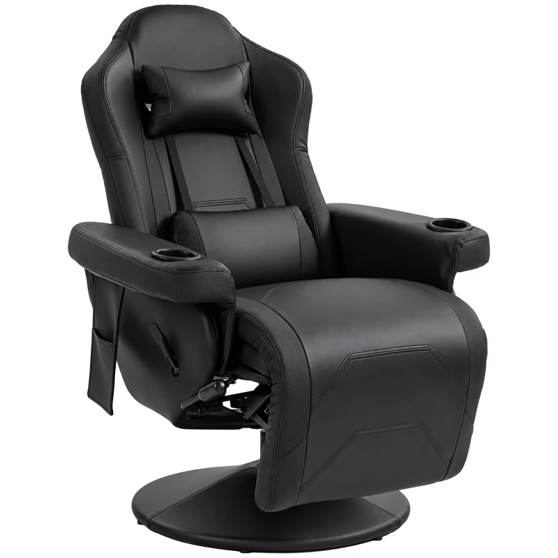 HOMCOM Manual Recliner Armchair PU Leather Lounge Chair w/ Adjustable Leg Rest, 135° Reclining Function, 360° Swivel, Black