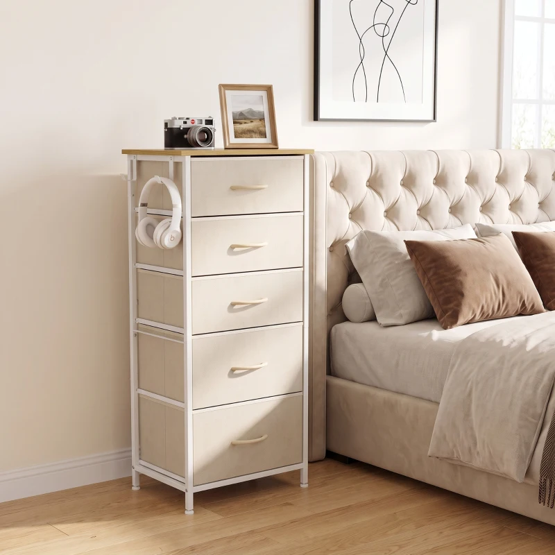 HOMCOM Chest of Drawers, Dresser with 5 Fabric Drawers, Tall Storage Unit with 4 Pockets and 2 Hooks Steel Frame, Beige