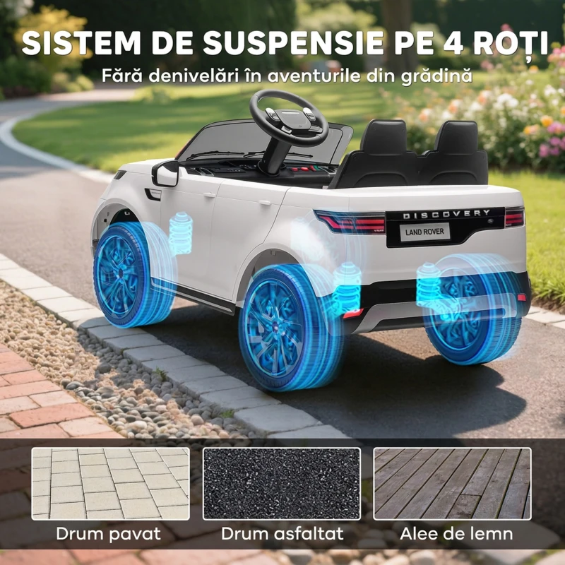 AIYAPLAY Mașină Electrică pentru Copii cu Licență Land Rover, Faruri LED, Claxon și Telecomandă, 105x68.5x58 cm, Albă