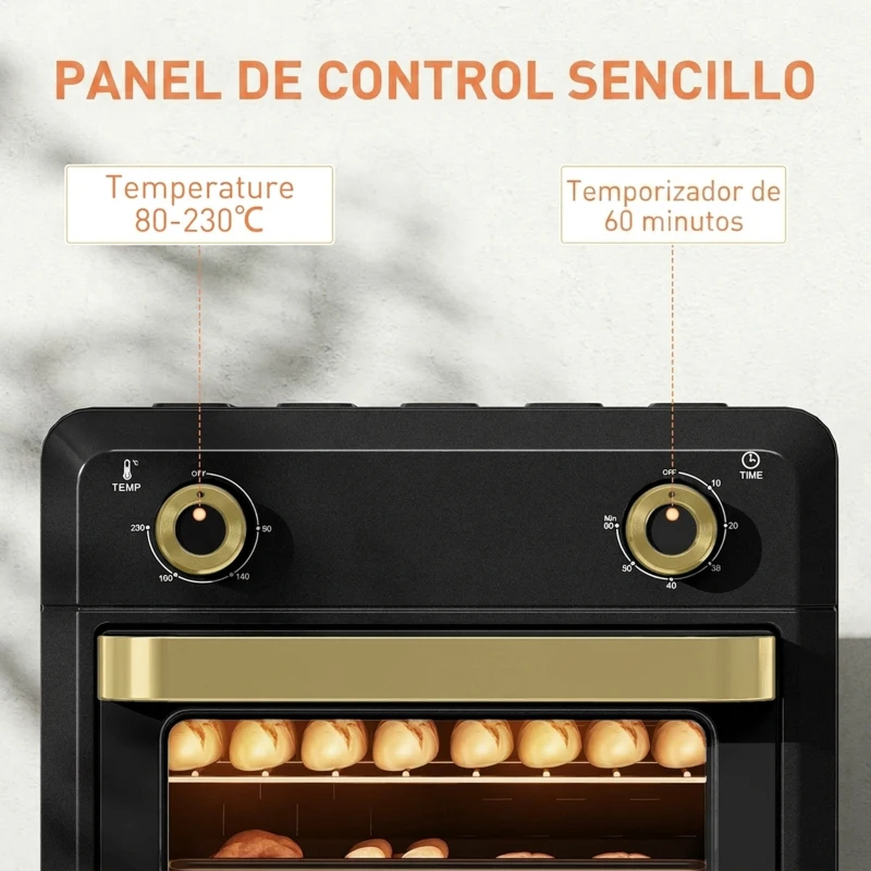 HOMCOM Horno Freidora de Aire 10 L con 2 Mandos Convección 360° Temperatura hasta 230 °C Temporizador 60 Min Bandeja y Cesta