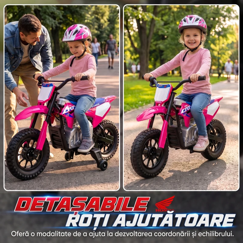 AIYAPLAY Motocicletă electrică pentru copii 3+ ani, licență Honda CRF 450R, 12V, baterie litiu, cu suspensii, roz
