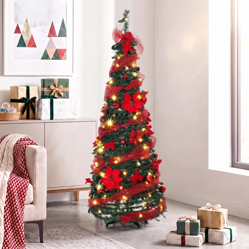 HOMCOM Árbol de Navidad Artificial 150 cm con 100 Luces LED 150 Ramas 11 Modos Bolas, Cintas Soporte Plegable Verde y Rojo