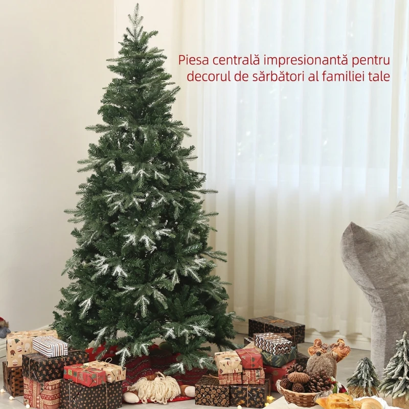 HOMCOM Brad de Crăciun înzăpezit cu 850 de ramuri și design pe secțiuni, din plastic și oțel, Ø110x180 cm, verde