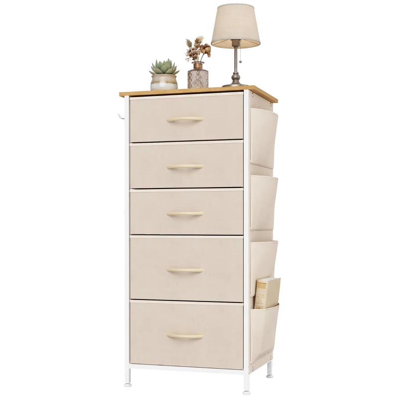 HOMCOM Chest of Drawers, Dresser with 5 Fabric Drawers, Tall Storage Unit with 4 Pockets and 2 Hooks Steel Frame, Beige