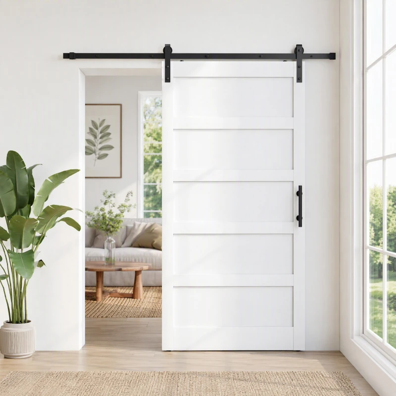 HOMCOM Porta Scorrevole Esterna Muro 106.7x213.4 cm, Porta da Interno Stile Industriale Shaker, Silenziosa, Impermeabile, Bianco