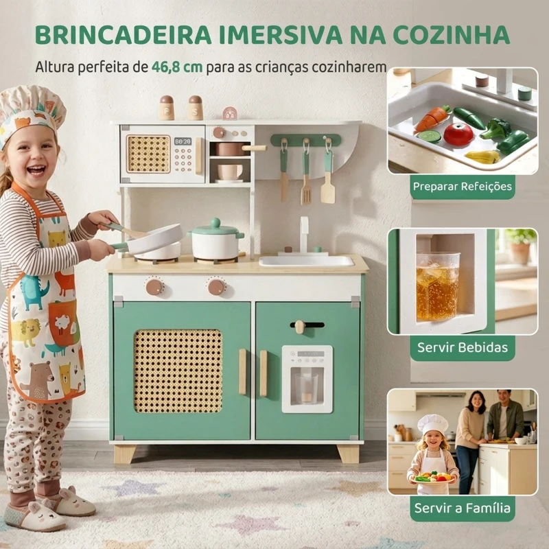 AIYAPLAY Cozinha de Brincar em Madeira com Cafeteira, Máquina de Gelo, 19 Acessórios, Micro-ondas e Arrumação, 3-6 Anos, Verde