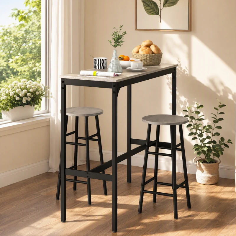 HOMCOM Ensemble table haute de bar + 2 tabourets structure en acier plateau aspect effet bois gris 2 personnes noir