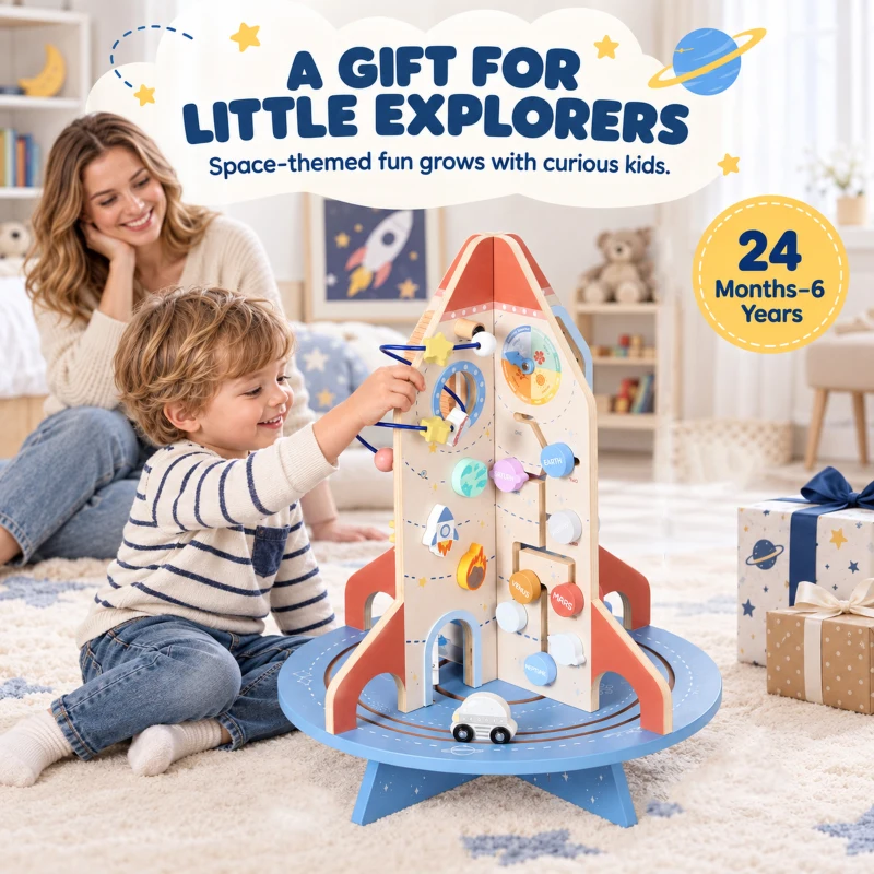 AIYAPLAY Cube d'Activités en Bois Thème Fusée, Cube Éducatif avec Trieur de Formes et Labyrinthe de Perles, pour 2 à 6 Ans