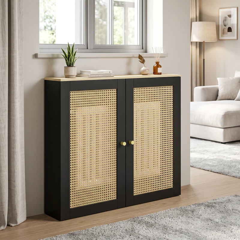 HOMCOM Cubre Radiadores con 2 Puertas de Ratán Cubreradiador Cubierta para Radiador para Salón Dormitorio 78x19x75 cm Negro