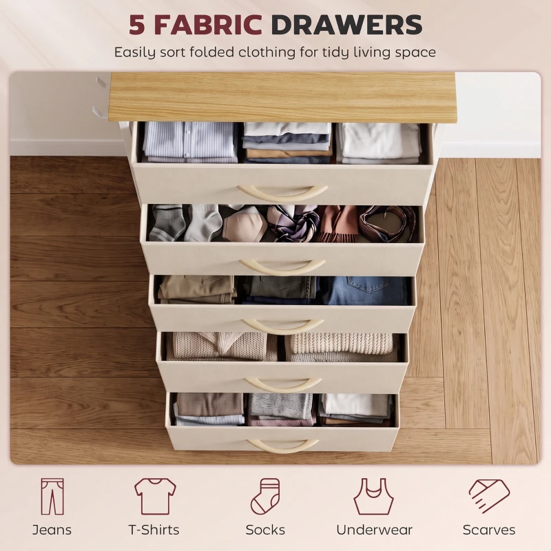 HOMCOM Chest of Drawers, Dresser with 5 Fabric Drawers, Tall Storage Unit with 4 Pockets and 2 Hooks Steel Frame, Beige