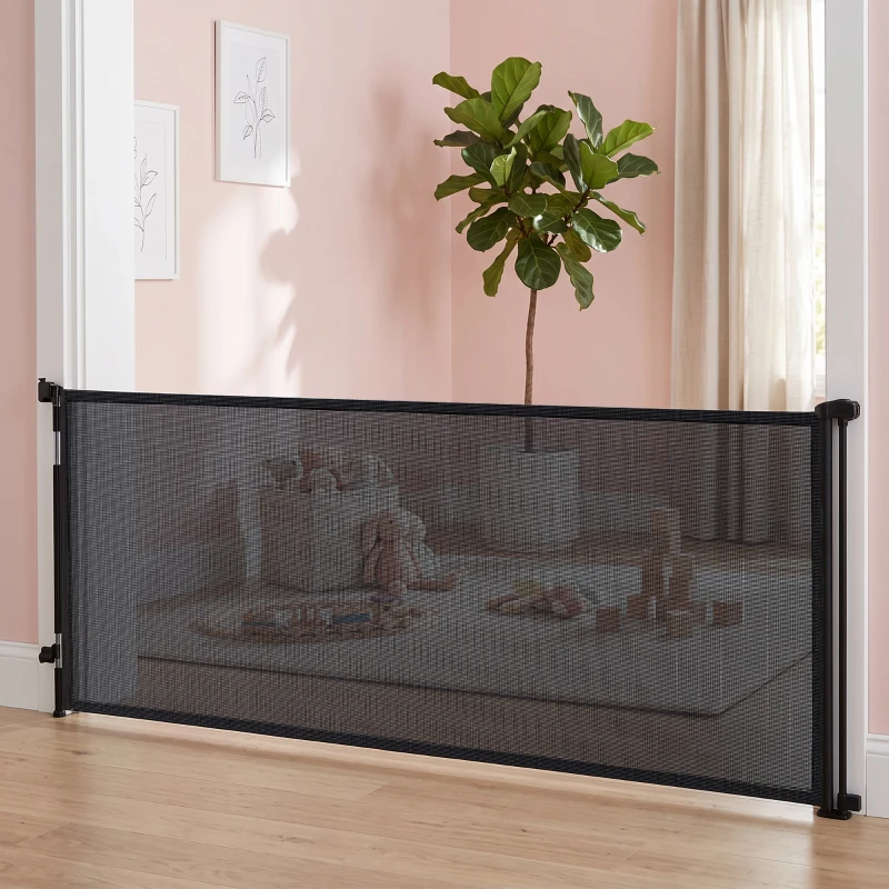 PawHut Retractable Dog Gate, Extends to 300 cm Wide & 104 cm Tall, Mesh Pet Gate Single Hand Operation, for Stairs Doorways