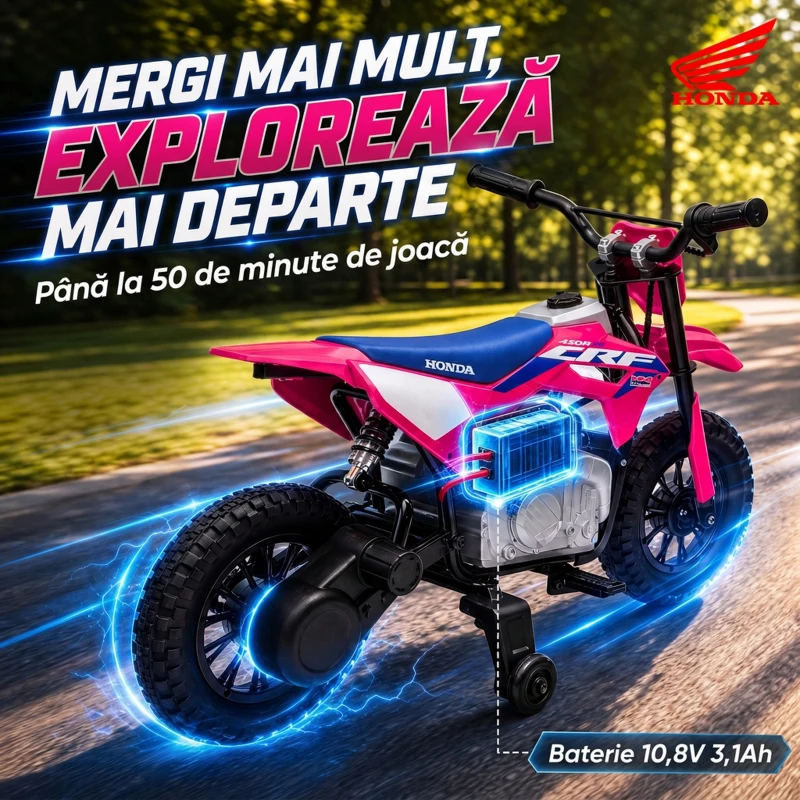 AIYAPLAY Motocicletă electrică pentru copii 3+ ani, licență Honda CRF 450R, 12V, baterie litiu, cu suspensii, roz