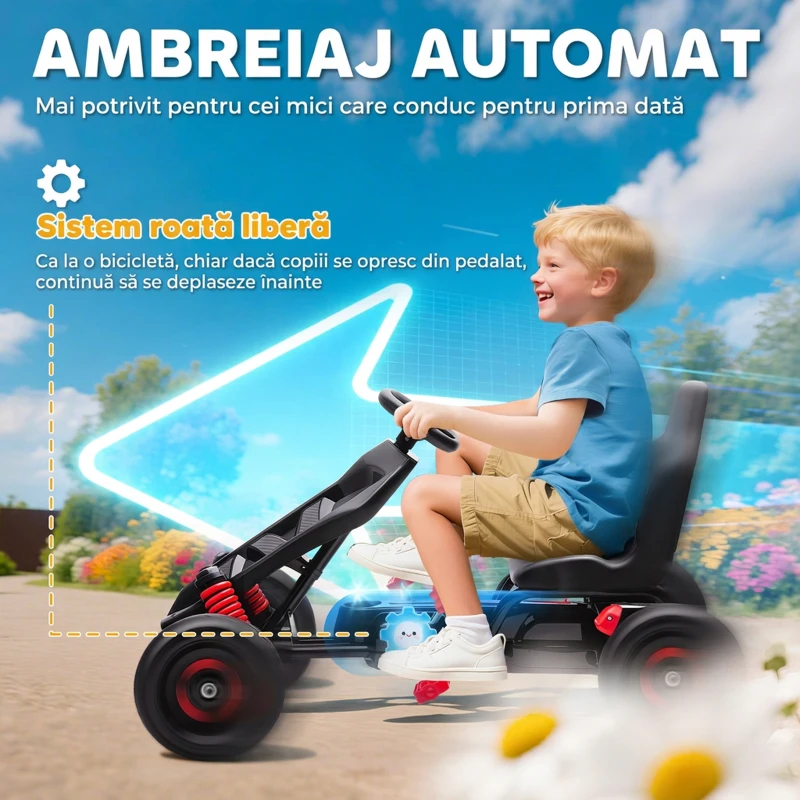 AIYAPLAY Kart cu pedale pentru copii 3-6 ani, max. 50 kg, cu suport pentru pahare și roți EVA antiderapante, roșu