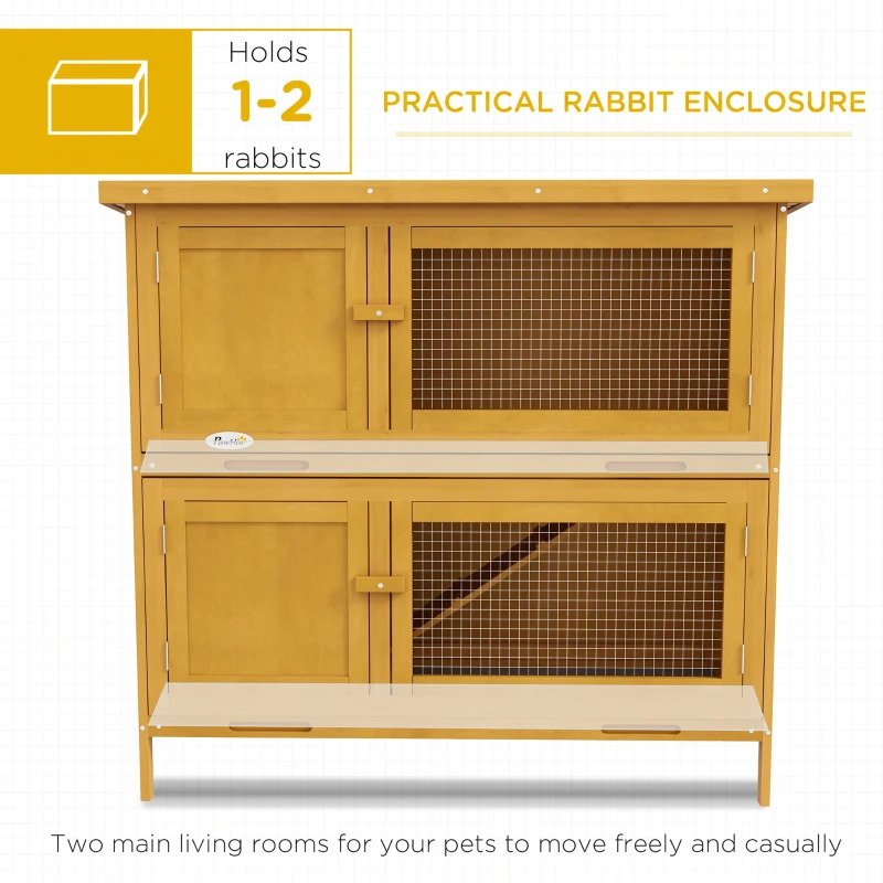 PawHut Double Decker Rabbit Hutch 2 Tier Guinea Pig House Pet Cage Outdoor with Sliding-out Tray, 97 x 44 x 91cm, Yellow