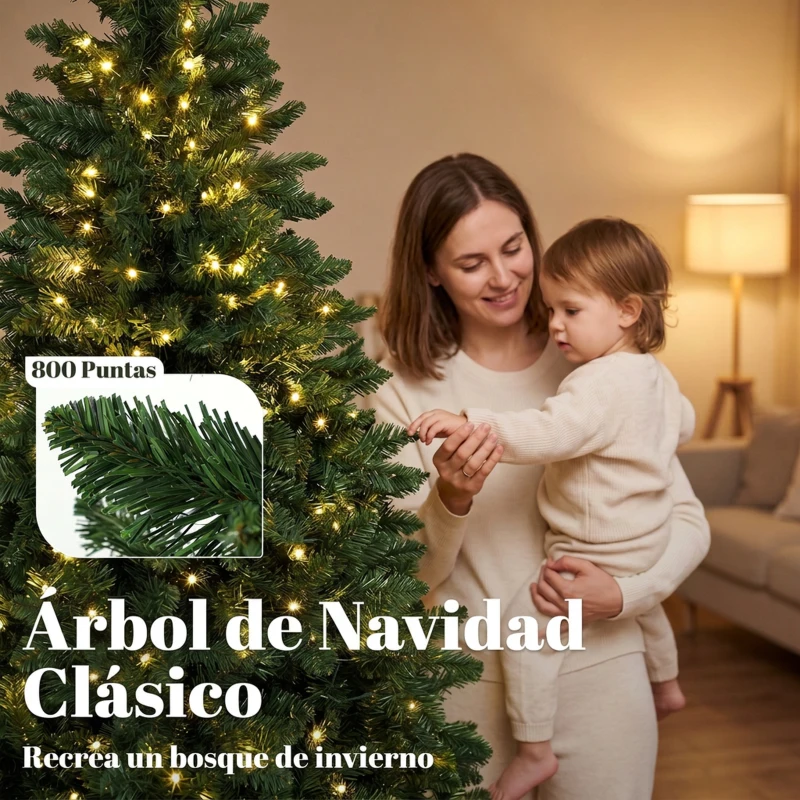HOMCOM Árbol de Navidad 180 cm con 250 Luces LED 11 Modos Mando a Distancia 800 Puntas Base de Acero Plegable Verde