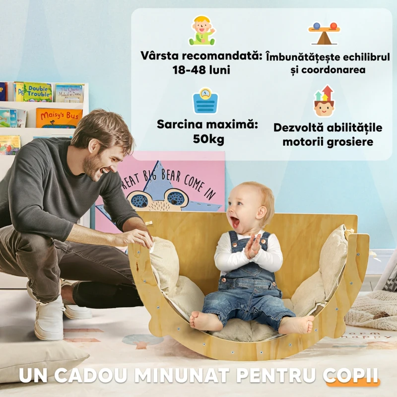AIYAPLAY Arc Montessori 3 în 1 pentru Copii între 18-48 Luni, Structură de Cățărat, Măsuță și Balansoar cu Pernă