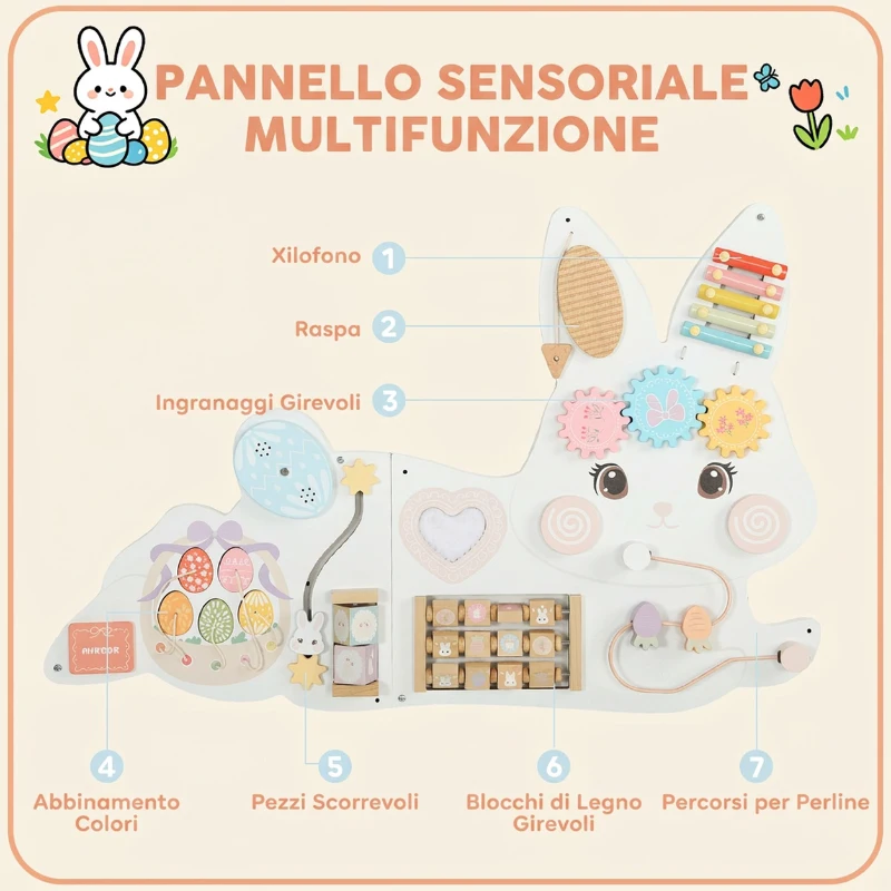 AIYAPLAY Busy Board Montessori in Legno da Parete per Bambini 1.5-6 Anni a Tema Coniglietto Pasquale, Bianco