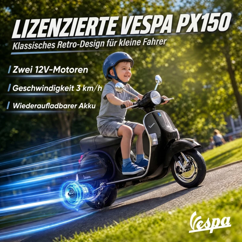 AIYAPLAY Elektryczny motocykl dziecięcy Vespa PX150 12V z akumulatorem litowym 35W 2 silniki 25° ograniczenie skrętu dla dzieci 3-6 lat