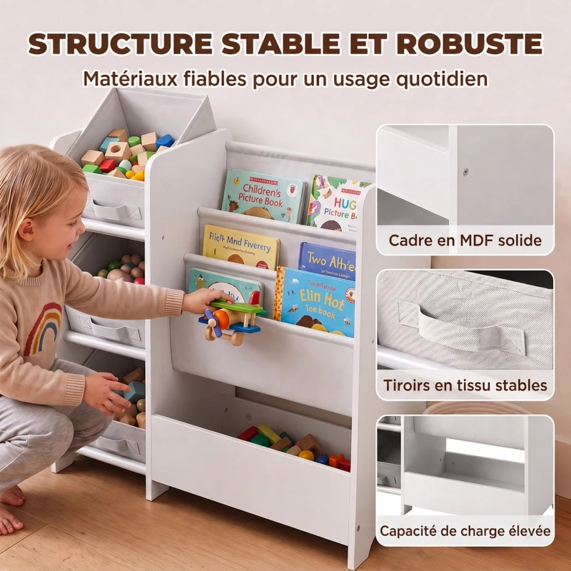 AIYAPLAY Meuble Rangement Enfant à 3 Niveaux avec 4 Porte-livres, 3 Bacs en Tissu et Compartiment, 64,5 x 30 x 66 cm, Blanc