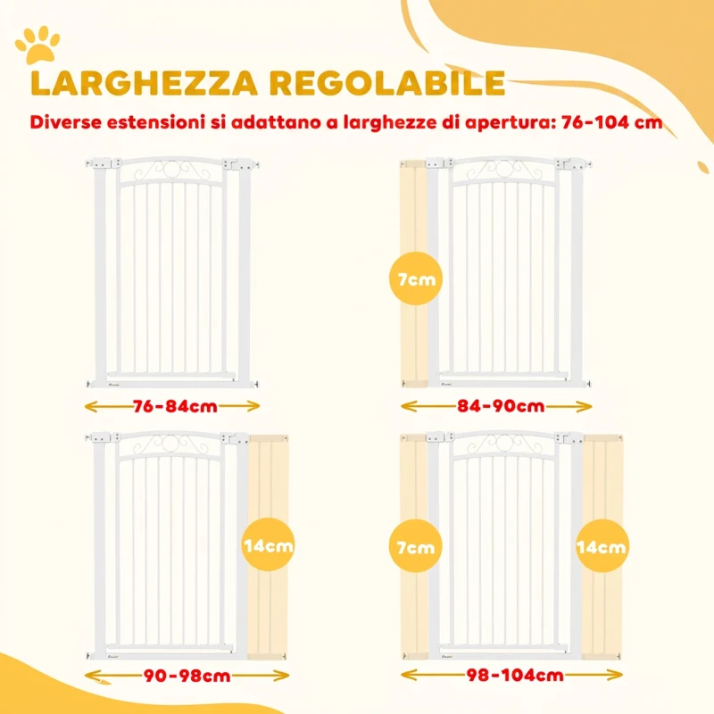 PawHut Cancelletto di Sicurezza per Cani da Interno con 2 Estensioni 76-104 cm, per Corridoio e Scale, Bianco