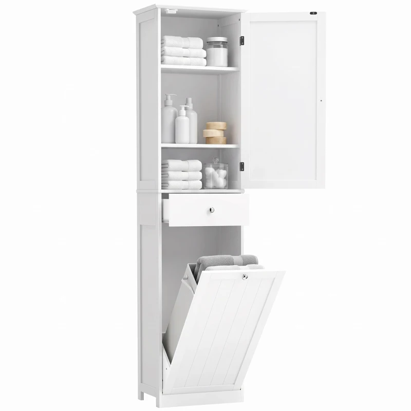 HOMCOM Smalle badkamerkast met kantelbaar wasvak, 180 cm, wit