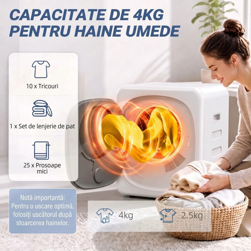 HOMCOM Mini Uscător de Rufe Portabil 2.5 kg, 5 Programe, 800W, Până la 60℃, Timer, Tambur Oțel Inoxidabil, Casă, Alb
