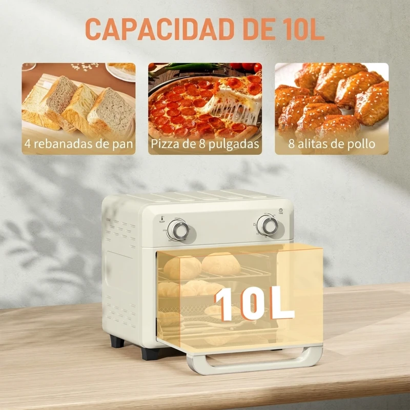 HOMCOM Horno Freidora de Aire 10 L con 2 Mandos Convección 360° Temperatura hasta 230 °C Temporizador 60 Min Bandeja y Cesta