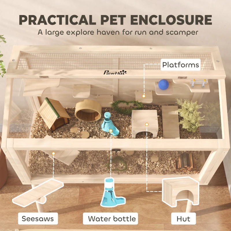 PawHut Wooden Hamster Cage, Hamster Habitat with Openable Top, Seesaws, Platforms, Water Bottle for Gerbils, 110 x 52 x 101 cm