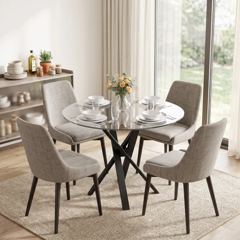 HOMCOM Mesa de Comedor Redonda para 4 Personas Ø80 cm Tablero de Vidrio Templado Patas Cruzadas de Acero Transparente