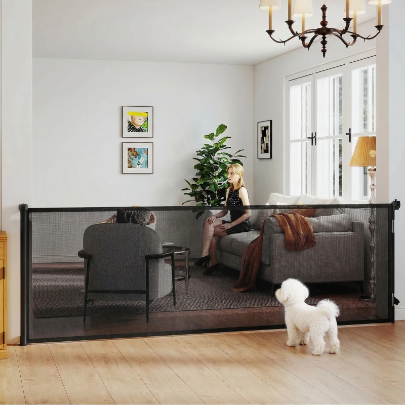 PawHut Retractable Dog Gate, Extends to 300 cm Wide & 104 cm Tall, Mesh Pet Gate Single Hand Operation, for Stairs Doorways