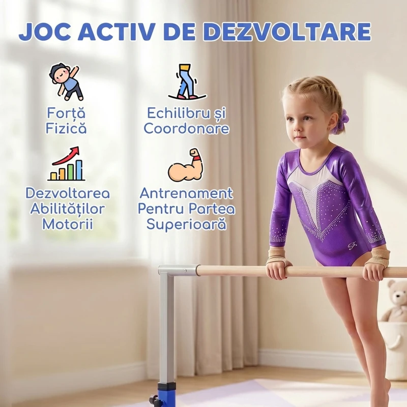 HOMCOM Bară pentru Gimnastică Artistică sau Dans Clasic Reglabilă pe Înălțime 92-150 cm, Albastră
