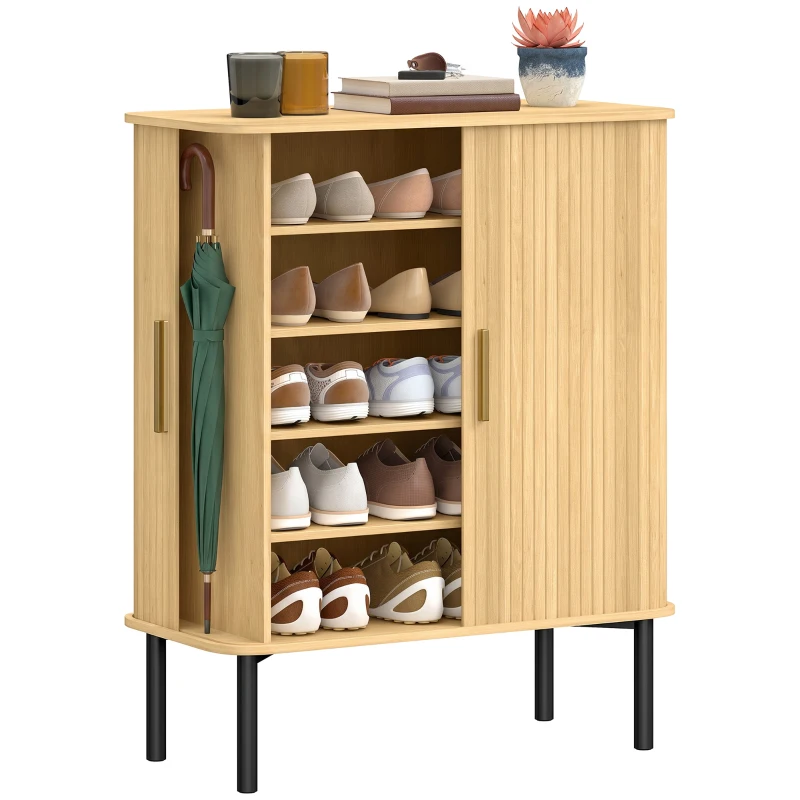 HOMCOM Dulap pentru Pantofi 5 Niveluri 15 Perechi cu Uși tip Rulou Glisante, Rafturi Reglabile, 78x38x95,2cm, Stejar