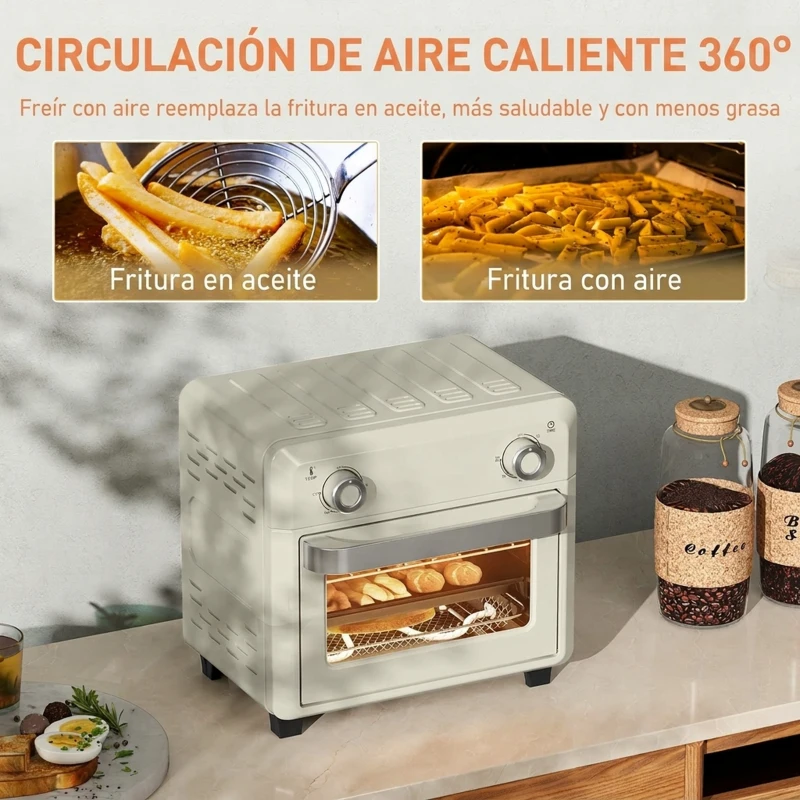 HOMCOM Horno Freidora de Aire 10 L con 2 Mandos Convección 360° Temperatura hasta 230 °C Temporizador 60 Min Bandeja y Cesta