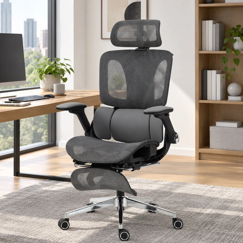 HOMCOM Silla de Escritorio de Malla con Reposapiés Respaldo Reclinable Soporte Lumbar Reposabrazos y Reposacabezas Ajustable