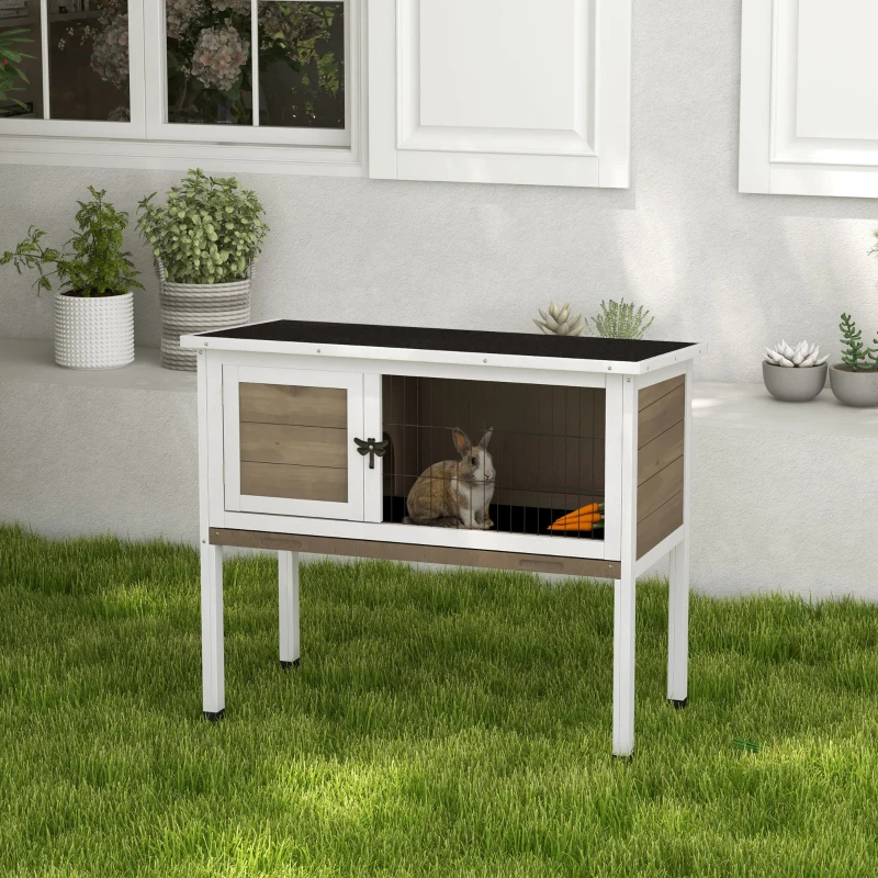 PawHut Wooden Guinea Pig Hutch, Small Animal Cage with Slide-out Tray, Openable Asphalt Roof, 84 x 43 x 70cm, Brown