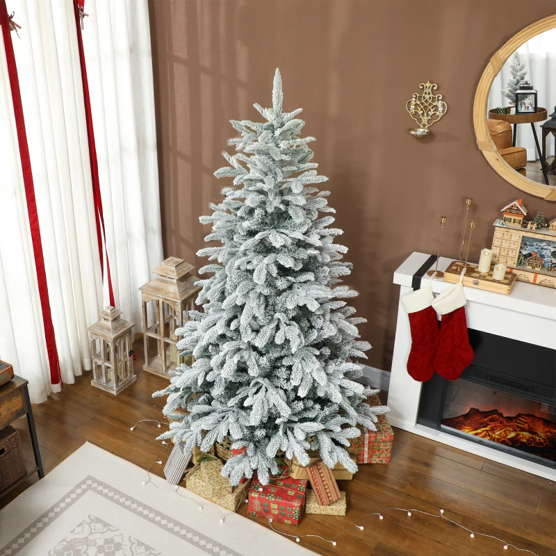 HOMCOM 6 ft Artificial Flocked Christmas Tree with 1182 Branches, Hinged Xmas Tree with Foldable Metal Stand, Easy Assembly for Home Office Decor