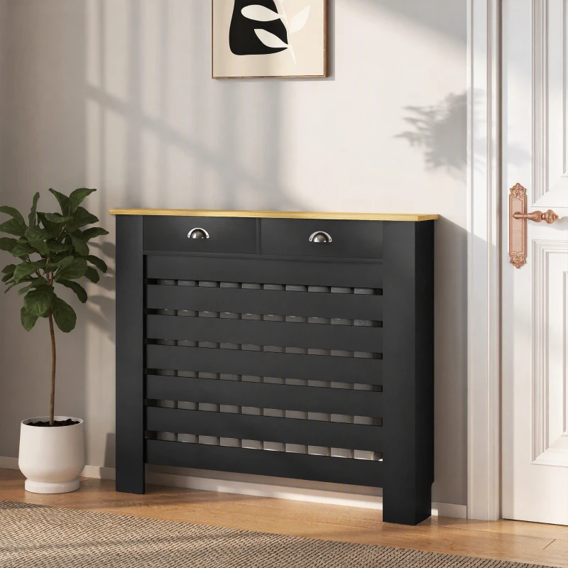 HOMCOM Couvercle de Radiateur, Cache-Radiateur, Grille à Lattes Horizontales avec 2 Tiroirs en Bois, 111 x 19 x 95,5 cm, Noir