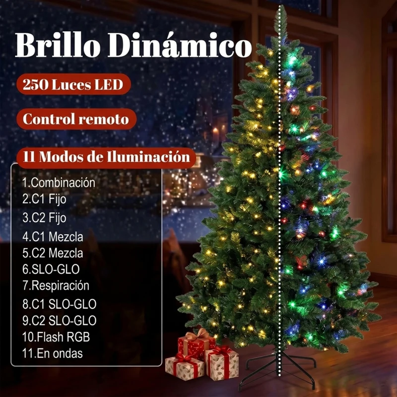 HOMCOM Árbol de Navidad 180 cm con 250 Luces LED 11 Modos Mando a Distancia 800 Puntas Base de Acero Plegable Verde