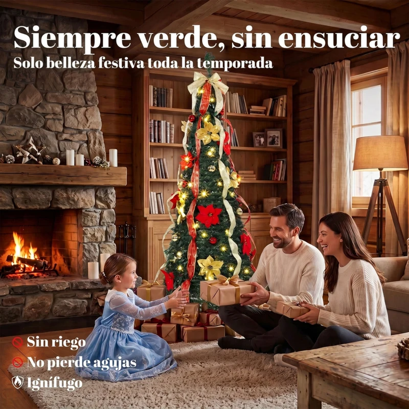 HOMCOM Árbol de Navidad Desplegable 180 cm con 100 Luces LED 11 Modos Mando a Distancia y Decoración Incluida Verde