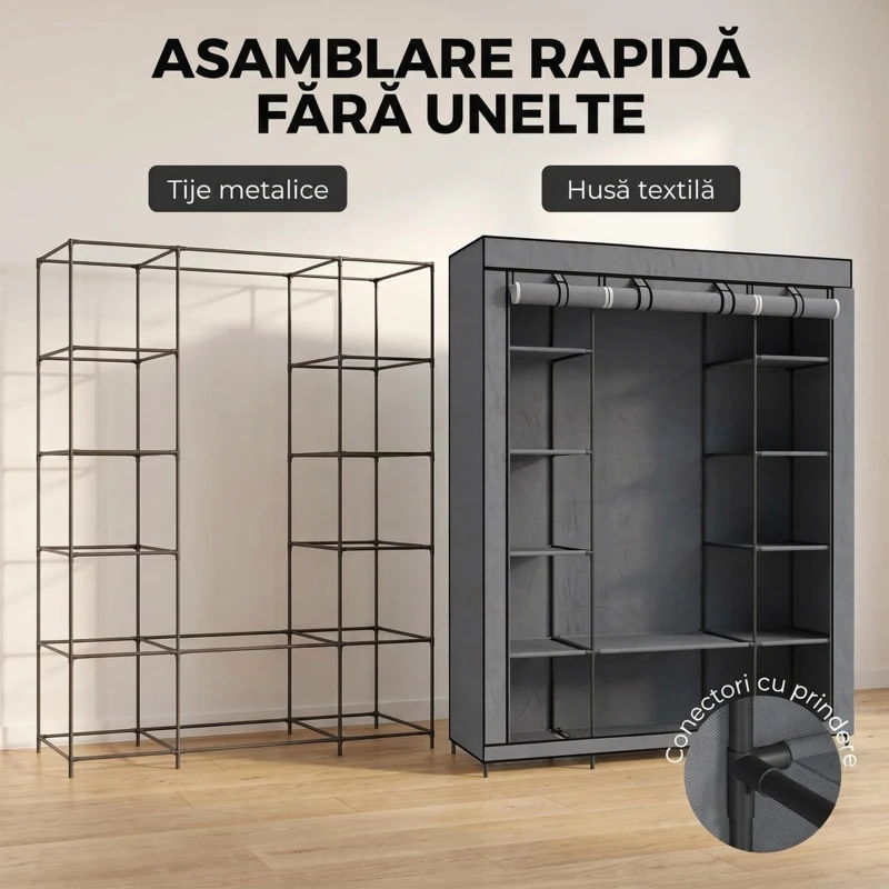HOMCOM Dulap textil pentru economisirea spațiului, cu bară pentru umerașe și 11 rafturi, 135x45x175 cm, gri, pentru dormitor
